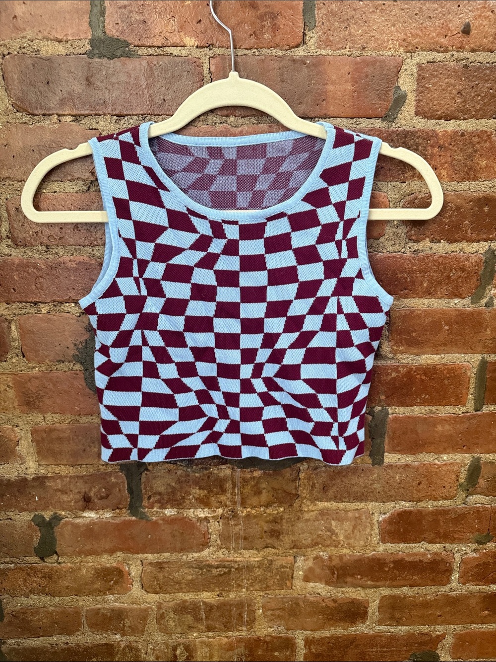 Checkerboard Knit Crop Tank Top - Light Blue & Burgundy